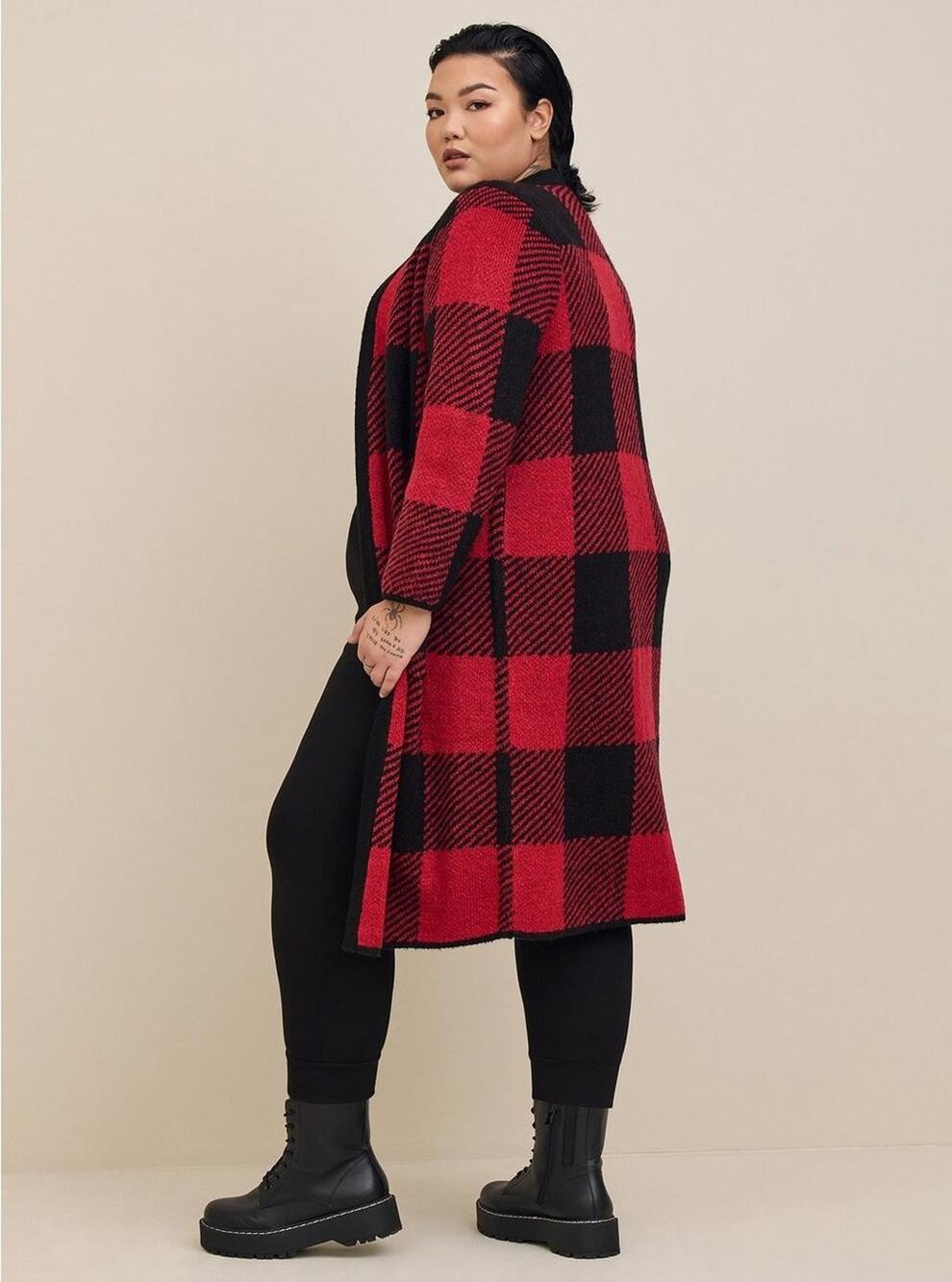 Torrid Cardigan Sweater 2X Plaid Open Front Duster Red Black